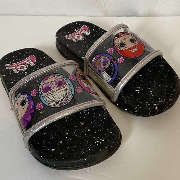 LOL Surprise Dolls Black Clear Glitter Slide Sandals Girls Size 1-2 - Picture 2 of 16